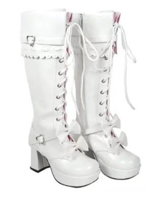 White sweet lolita chunky platform heel boots side view showing heart-shaped metal buckle ankle bow and layered design details