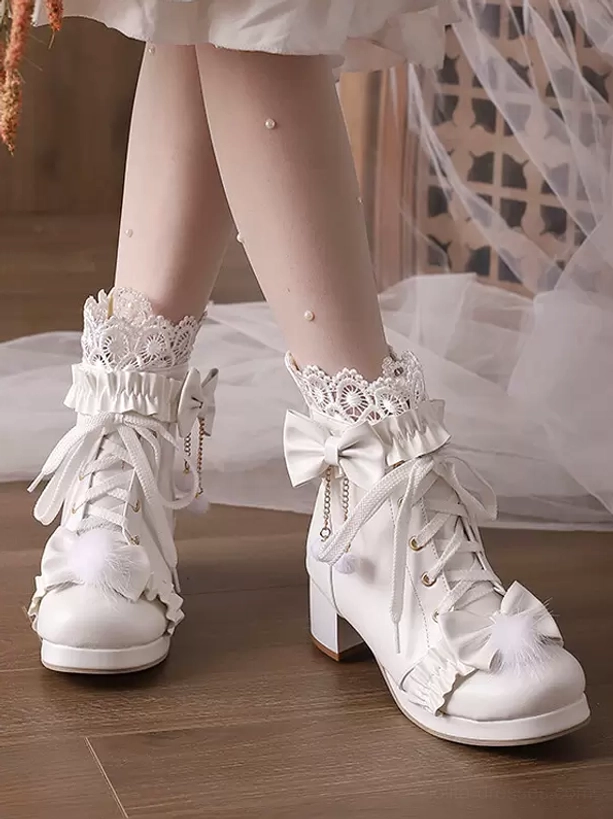 White lolita ankle boots top down front view lace-up closure bow decoration fluffy pompom pearl-decorated socks styling