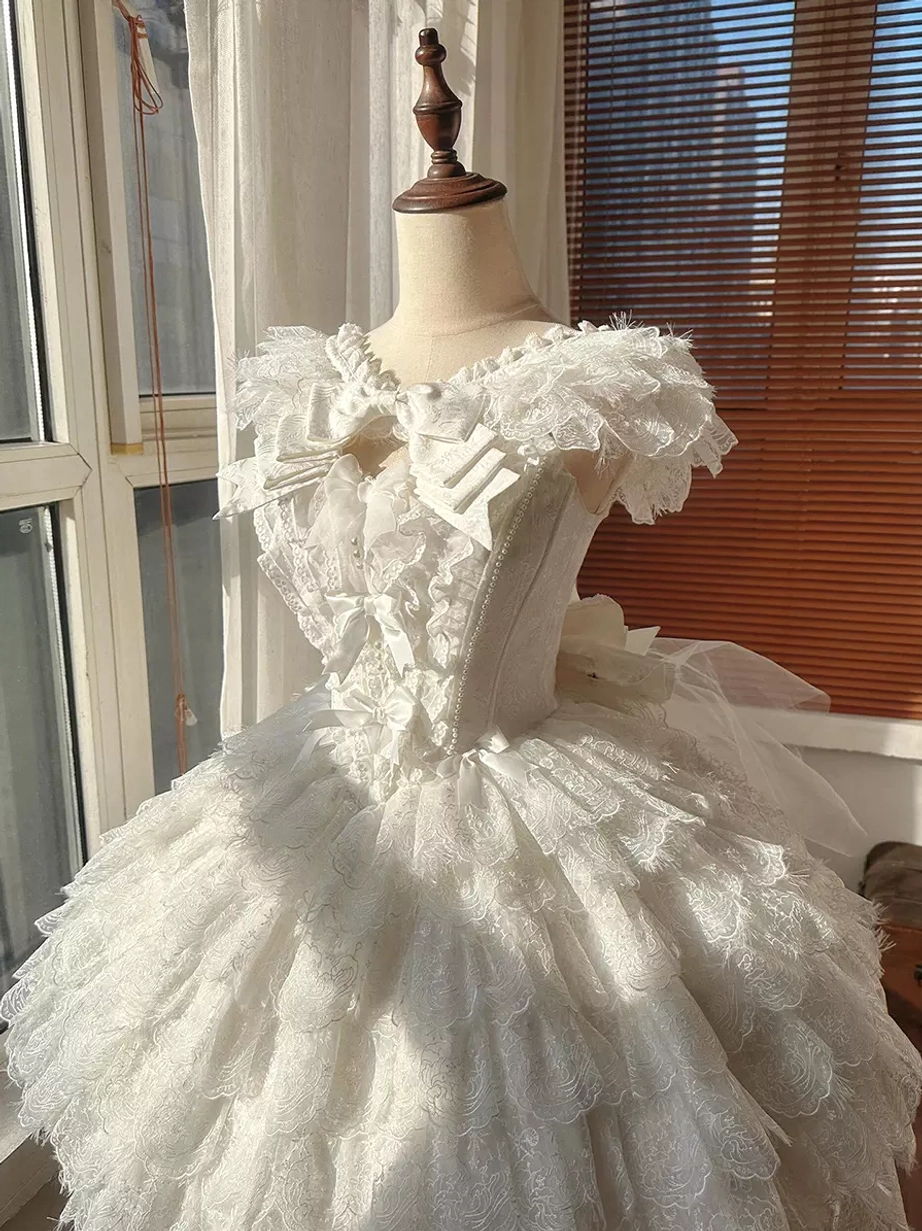 White Romantic Lolita Bridal Gown with Corset Bodice and Decorative Front Bow Direct Front View