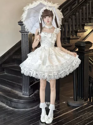 White sweet lolita bridal sleeveless jsk dress full-body front view with layered ruffled lace hem corset bodice