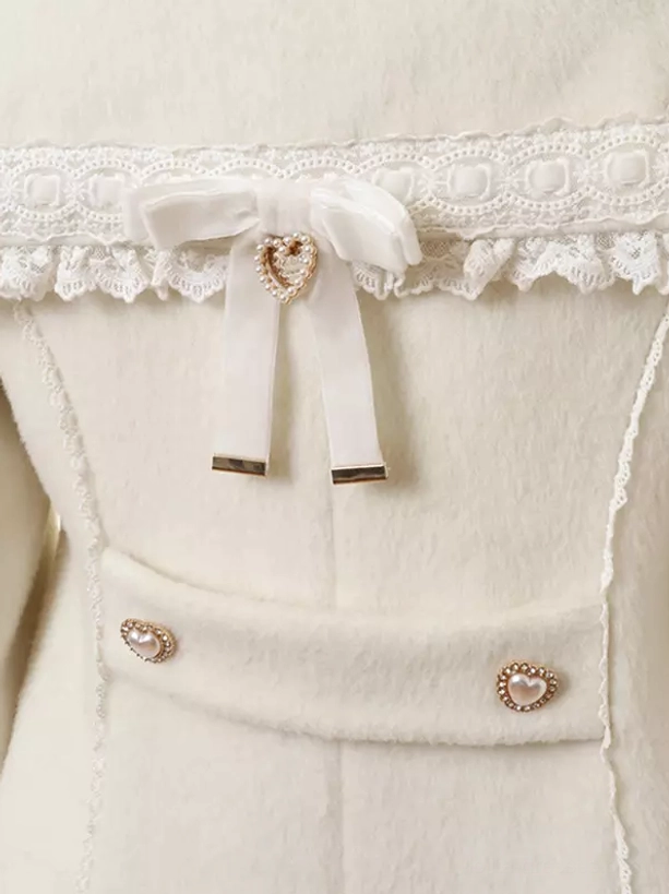 Sweet lolita princess coat white color sailor collar detail showing lace ruffle and decorative bow brooch embellishments