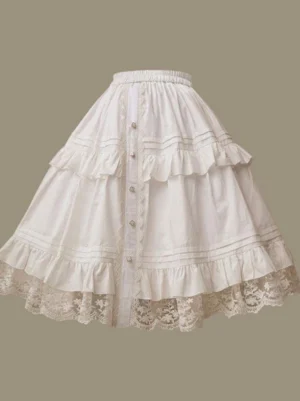 White sweet lolita cotton skirt with tiered ruffles and lace trim front flat view elegant feminine design