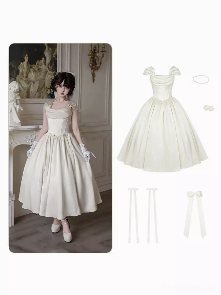 White sweet Lolita dress accessory set flat lay display with extra flutter straps, matching hair bows, small hair ornaments and coordinate pieces