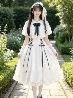 White sweet lolita dress with cape collar and black ribbon bows front full view outdoor garden setting