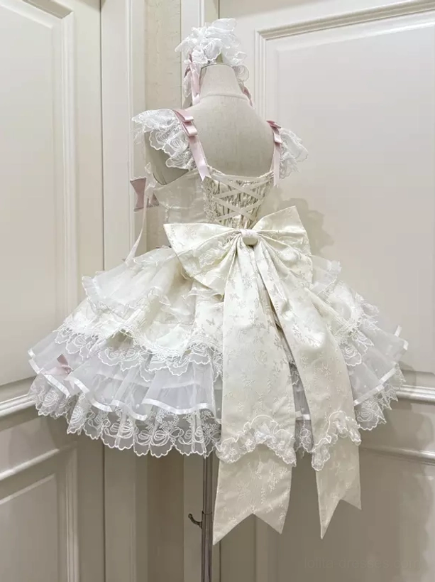 Sweet lolita dress rear back view white color large bow crisscross back straps lace tiered