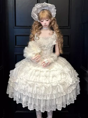 White sweet lolita ball gown full front view indoors with feather wrap and coordinating bonnet accessories