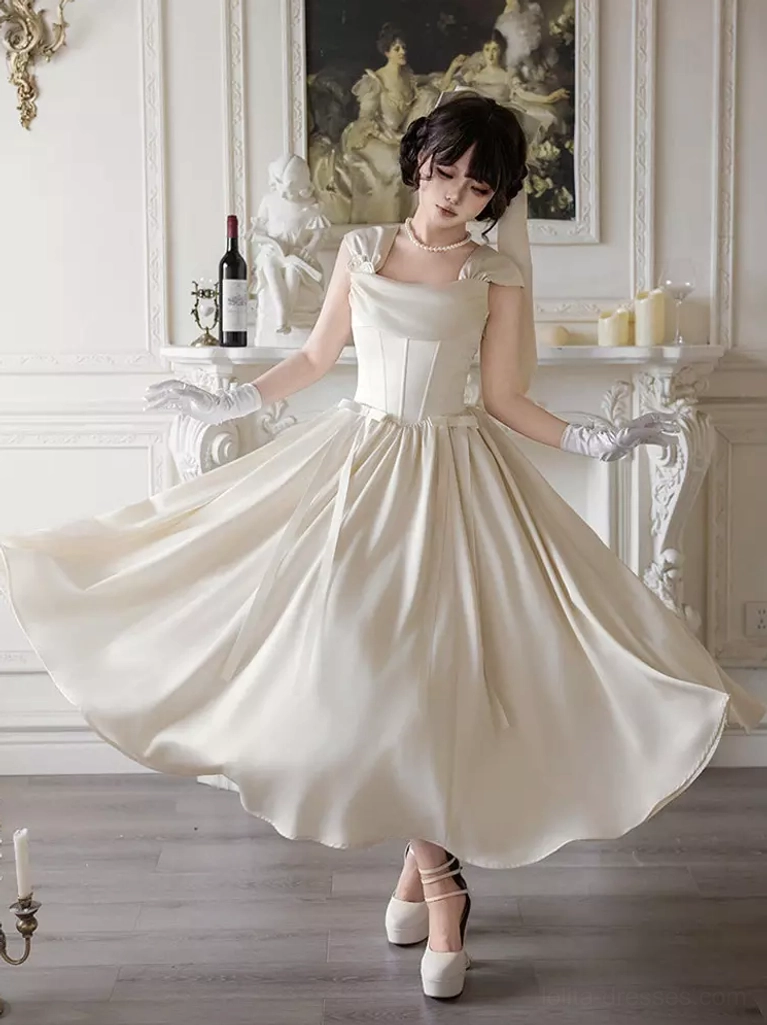 White vintage sweet Lolita midi dress three-quarter side view with square neck, corset waist, flowing swing skirt and elegant white gloves accessory
