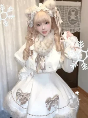 white sweet lolita three-piece set with cropped cape champagne satin bows fuzzy fur collar front view full shot