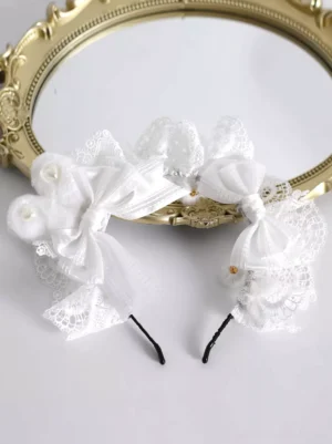 white lace sweet lolita headband with pearl rhinestone bow clips faux fur U-shaped metal hairpin bases rococo aesthetic elegant hair accessory
