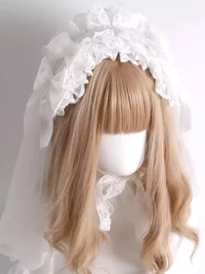 Front view of white Sweet Lolita headdress featuring sheer veil, layered ruffled lace construction, adjustable neck strap with lace trim, displayed on mannequin with blonde curly wig