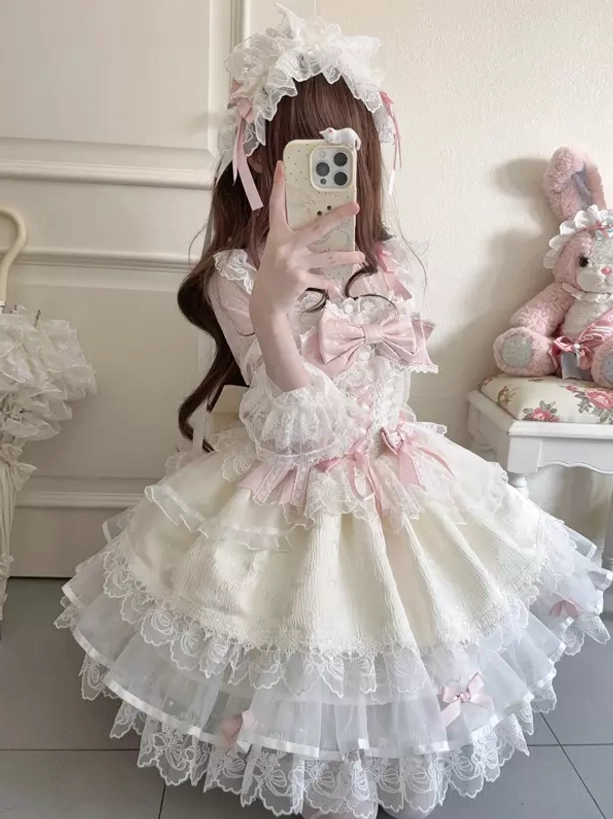 White sweet lolita JSK dress detail view bow accent lace trim mini skirt spaghetti straps