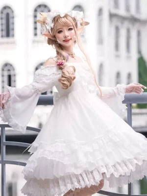 White sweet Lolita JSK dress with floral print and ruffled layers, shown on model in garden setting with romantic off-shoulder styling and layered skirt details