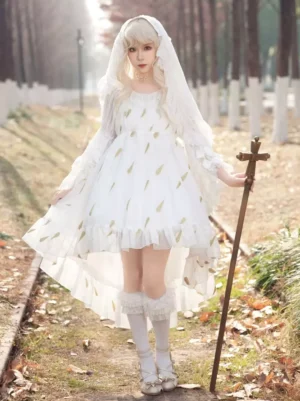 White sweet lolita JSK dress with wheat print pattern, high-low ruffled hem, featuring model in outdoor forest setting wearing matching veil headdress and accessories