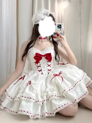 White sweet lolita jumper dress with red bow lace-up bodice front view mirror selfie indoor fashion photography