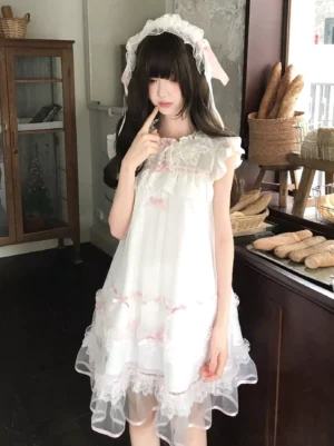 white sweet lolita op dress front full-body view with ruffled lace collar pink bows tiered tulle mesh skirt sleeveless flutter sleeve