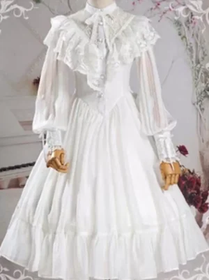 White Sweet Lolita one-piece dress front view with ruffled collar, bow detail, and sheer lantern sleeves on mannequin