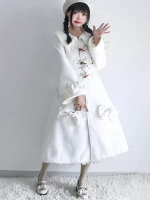 White Sweet Lolita winter overcoat with capelet collar, twin-braid model, white fur trim, bow pocket details, and horn toggles - front full view