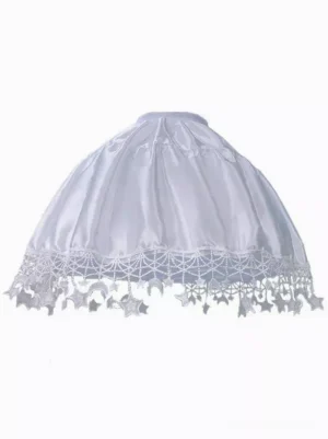 Top-down studio view of white lolita underskirt on plain background showing gathered waist, elastic waistband, solid white satin fabric, and star moon lace hem detail