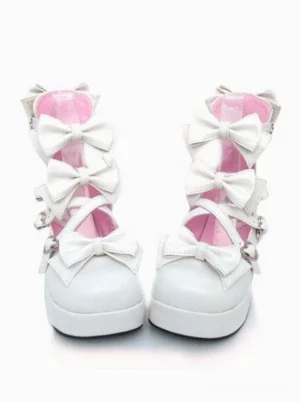 white lolita platform heels front pair view with multiple bows heart buckles and pink inner lining