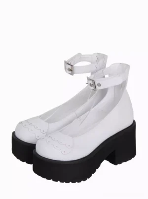 White Sweet Lolita platform pumps pair front three-quarter view featuring scalloped toe cap, dual ankle buckles with silver hardware, and black wedge sole studio shot