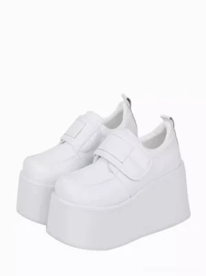 White sweet lolita platform wedge pumps oblique three-quarter view showing round toe shape hook-and-loop ankle strap thick wedge heel white matte PU leather