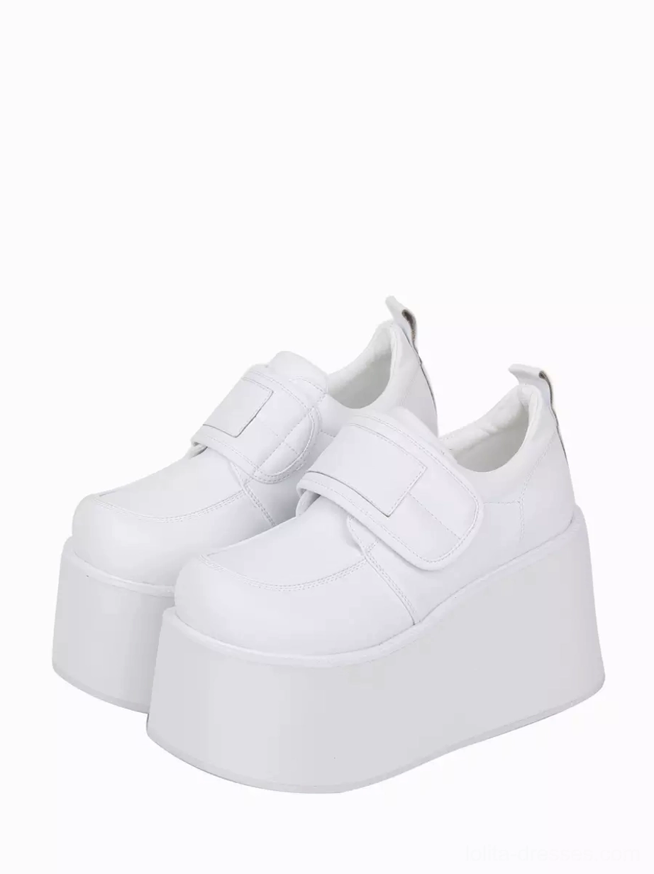 White sweet lolita platform wedge pumps oblique three-quarter view showing round toe shape hook-and-loop ankle strap thick wedge heel white matte PU leather