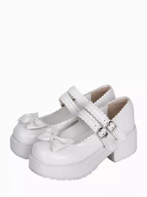 White sweet lolita platform pumps with front bows and double buckle straps front three-quarter view