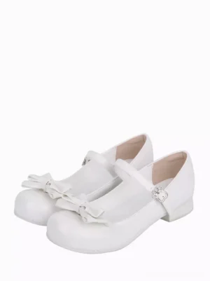 White Sweet Lolita pumps with dual front bows and paw-shaped buckle strap, top-down frontal view showcasing round toe profile and decorative bow ornaments