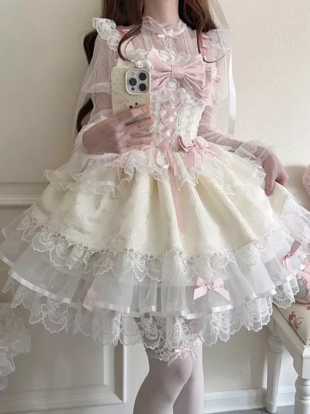 Sweet lolita tiered lace dress white color spaghetti strap front view styling coordinate