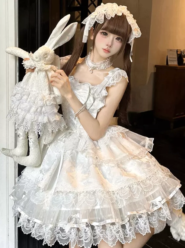 White sweet lolita tiered lace JSK dress spaghetti strap full styling coordinate view