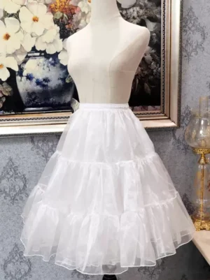 Full front view white tiered lolita petticoat elastic waistband sheer ruffled design dress form floral decor