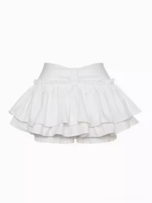 White tiered ruffle lolita skort with subtle back bow and double-layer ruffled hem, front flat lay showcase, sweet lolita fashion with built-in shorts lining