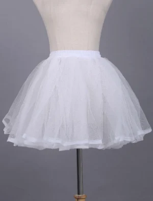 White lace tulle lolita petticoat front view displayed on dress form with elastic waistband and layered sheer tulle construction showing satin hem trim