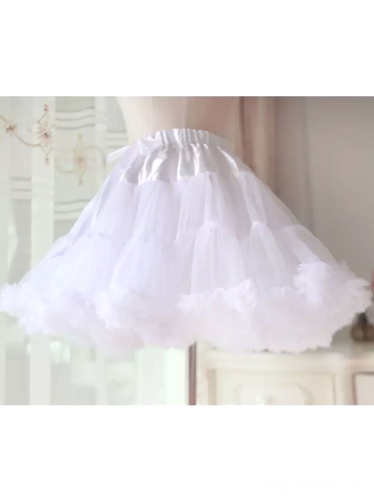 Plain white tulle lolita petticoat flat front view indoor home setting elastic waistband soft ruffled hem design