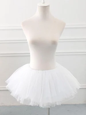 White tulle lolita petticoat with voluminous layered mesh showing fluffy tutu structure and flared silhouette