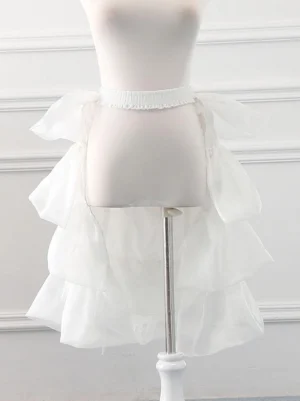 White layered tulle lolita petticoat front view close-up showing ruffled organza layers and elastic waistband detail