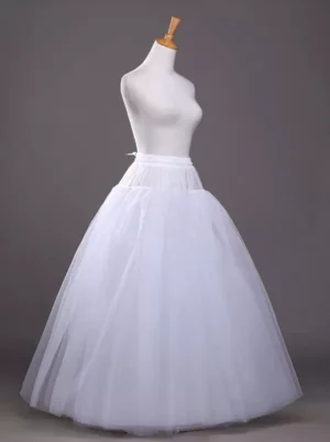 Three-quarter angle view of tiered white Lolita petticoat displaying voluminous floor-length tulle layers and structured bell-shaped silhouette