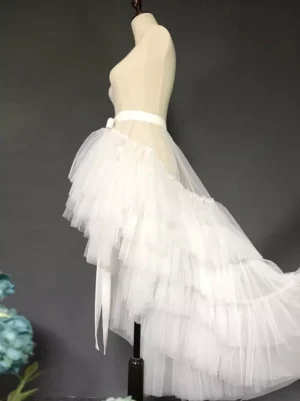 White tulle train skirt accessory right rear side view high-low layered ruffled hem sweet lolita style