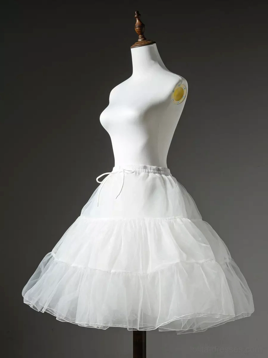 White tutu underskirt full front view showing drawstring elastic waist and two-tiered fluffy tulle skirt on mannequin