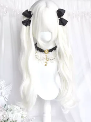 White twin curly pigtail lolita wig with black decorative bows, integrated bangs, and lace choker accessory on mannequin head, front view showcasing pure white wavy hair texture and sweet lolita style