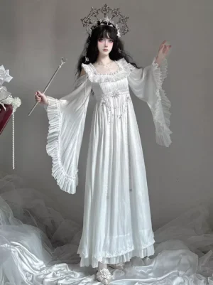 white vintage lolita maxi dress with off-shoulder ruffles, cold-shoulder design, ornamental chain waist belt, square lace neckline, floor-length cascading ruffle hem, sweet lolita fairy gown front view