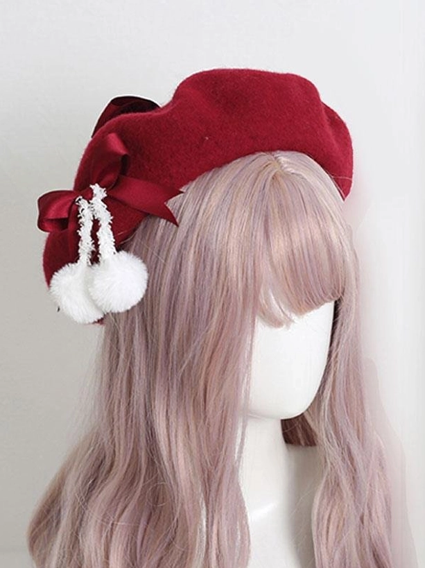 Wine red burgundy lolita headdress with deep satin bow and white fuzzy pom-pom accents