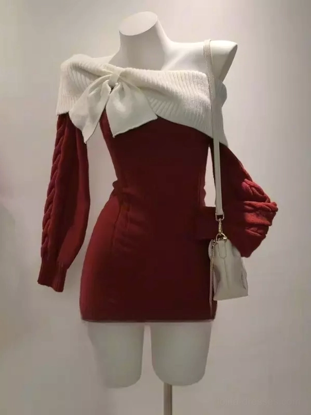 Wine red cable knit off-shoulder sweet lolita bodycon mini dress with white bow collar and long sleeves front view on mannequin with white quilted chain bag