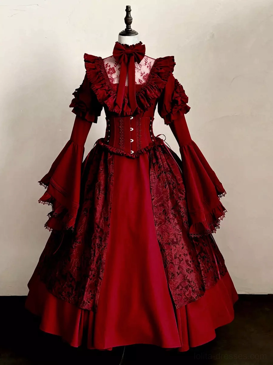 Wine red gothic lolita dress with ruffled collar and bell sleeves displayed on mannequin full front view