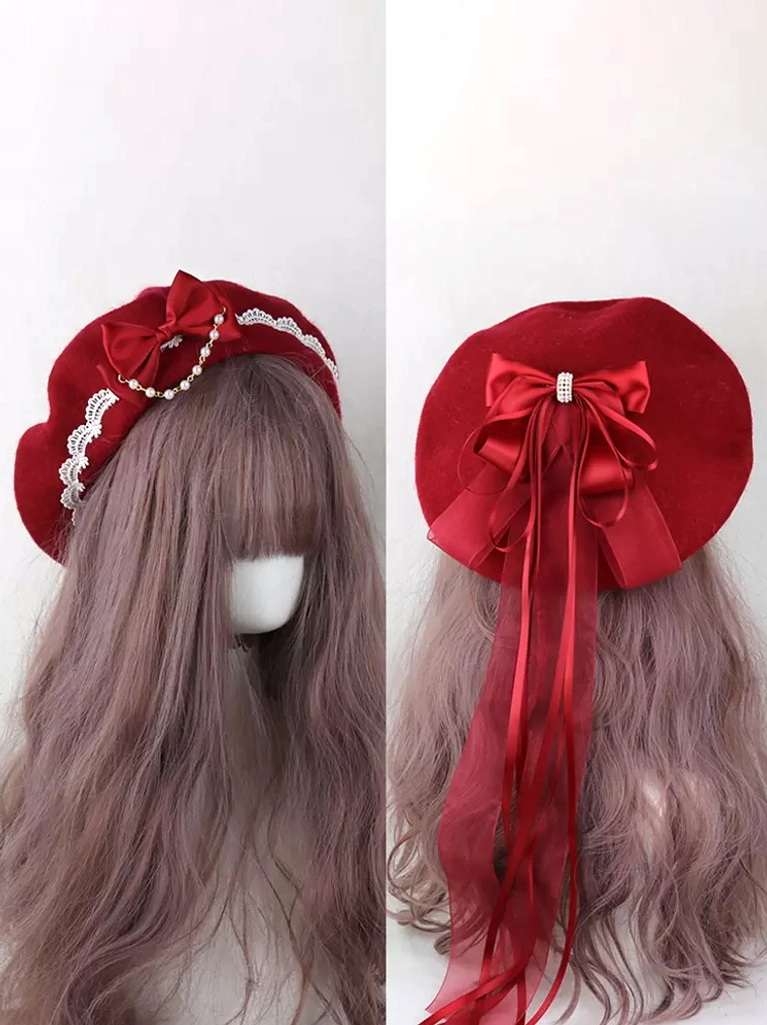 Wine red lolita beret with pearl lace trim satin bow cascading tassel headdress