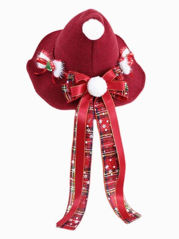 Wine red lolita headdress front view on plain white background red plaid bow white top pom pom long plaid ribbons