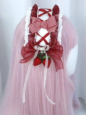 Sweet Lolita wine red plaid headband back view displaying cross-strap design gingham bow construction strawberry decorations and white lace edging on wig model