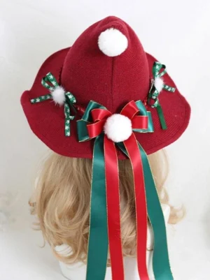 Wine red Rococo lolita witch hat with white pom pom top and dual color ribbon bows back view mannequin display