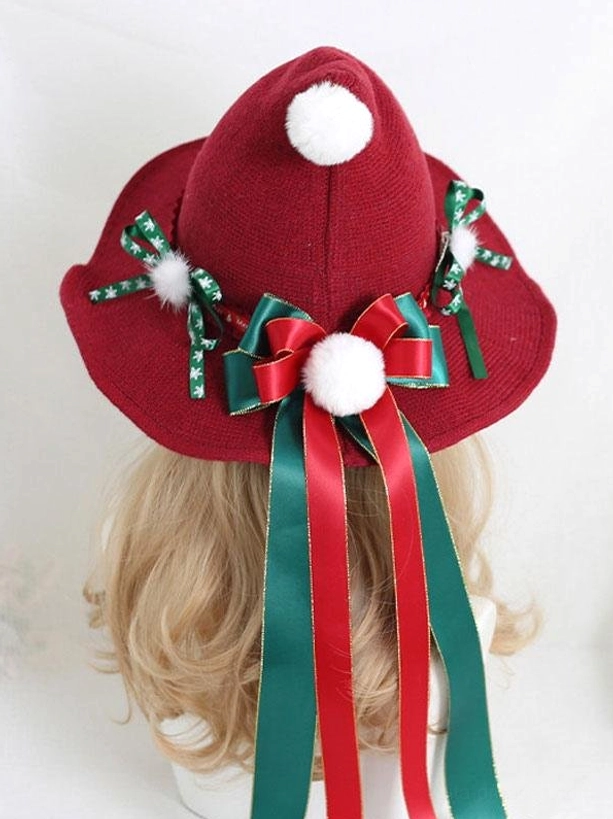 Wine red Rococo lolita witch hat with white pom pom top and dual color ribbon bows back view mannequin display