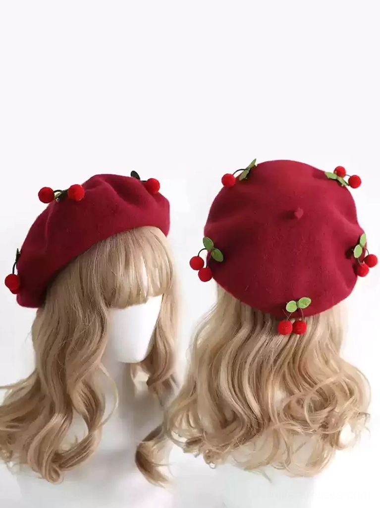 Wine red Sweet Lolita cherry beret headdress with red pom-pom details, full front and back angle display